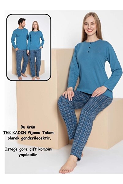 bie's Піжамний комплект для пари - синій картатий, модальний, довгий рукав, 1 шт.