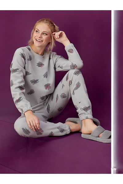 ELİTOL Women's Fleece Pajama Set with Rubber Detail