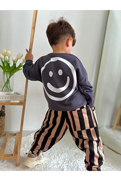 Prime Butik بنطال رياضي أسود مخطط بتأثير الابتسامة وبلوزة - طقم مكون من 3 خيو...