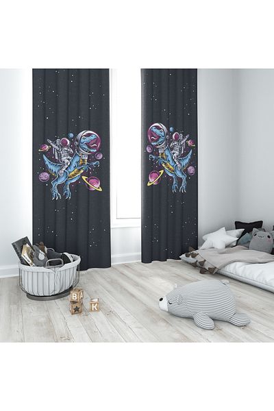 Şen Dekorasyon Dinasor and Astronaut Children's Fon Curtain