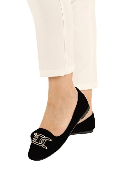 Liger Καθημερινά Γυναικεία Οικιακά Παπούτσια - Σουέντ Πόρπη, Μαύρες Μπαλαρίνες, Χρυσό Μοντέλο