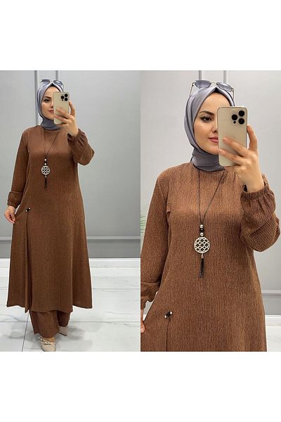 ERVA "Slit and Necklace Detailed Winter Wrap Fabric Hijab Double Set