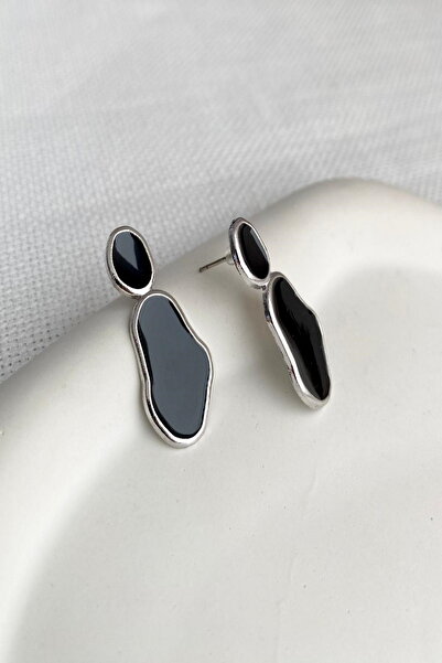 DEMOKAN Kadın Küpe Soyut Tasarım Siyah Taş Küpe