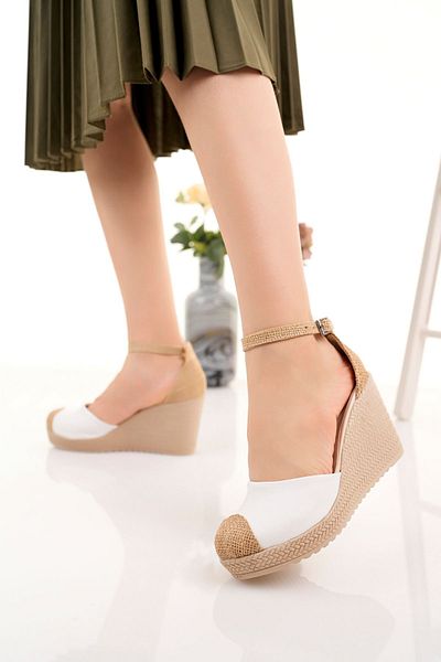Jomoti White Wedge Heel Straw Karnıyarık Shoes