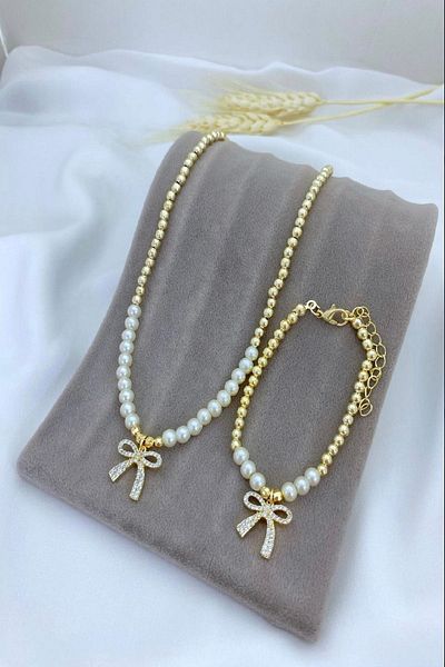 DEMOKAN Women's Necklace - Bracelet Set Zircon Stone Bow Pearl Set