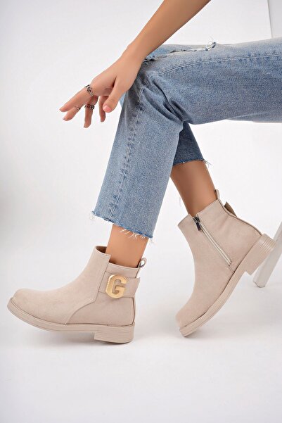 Jomoti Tokalı Bej Süet Kısa Kadın Bot