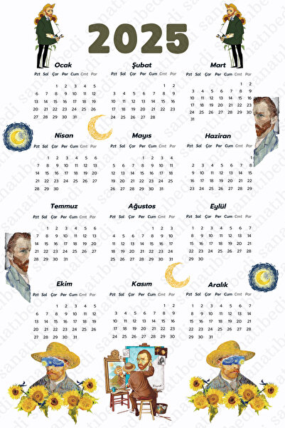 sanatıbedi 2025 Van Gogh Temalı Takvim Sticker (ARKASI YAPIŞKANLI ETİKET) Cam...