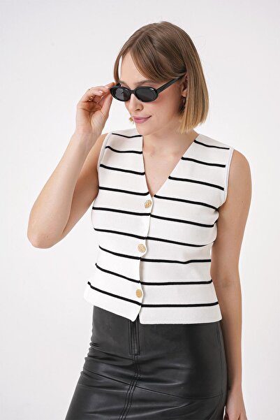 CHUBA Vestă de damă, cu nasturi aurii, cu dungi, cu textura standard, alb-negru 25w3010