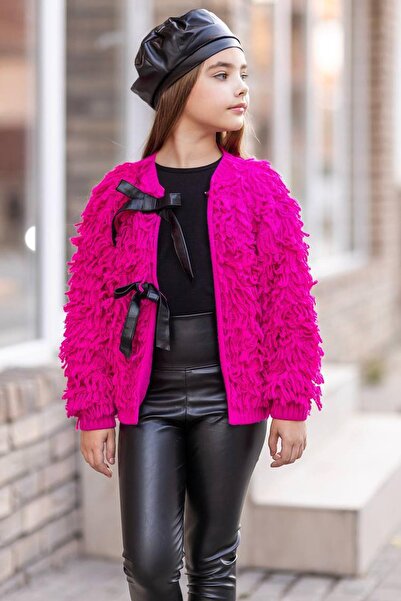 Riccotarz Pulover din bumbac pieptănat cu decolteu pentru fete Colanți din piele cu talie înaltă Tricoturi detaliate din blană fucsia Set de jos