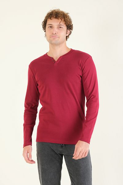 Giyim Dünyası Men's Crew Neck Buttoned Long Sleeve Sweatshirt Claret Red
