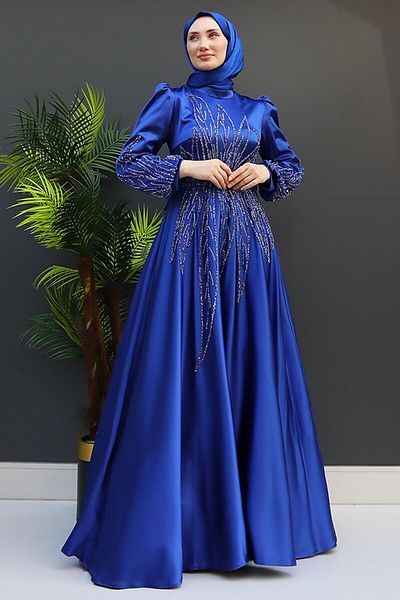 GİZ AGİYİM Μπλε βραδινό φόρεμα Alina Hijab - Βραδινό Φόρεμα