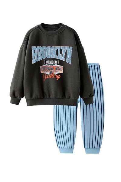 ZRA Boy's Brooklyn Patterned Slogan Winter 3 Thread Cotton Sweatshirt Tracksuit Top and Bottom Set