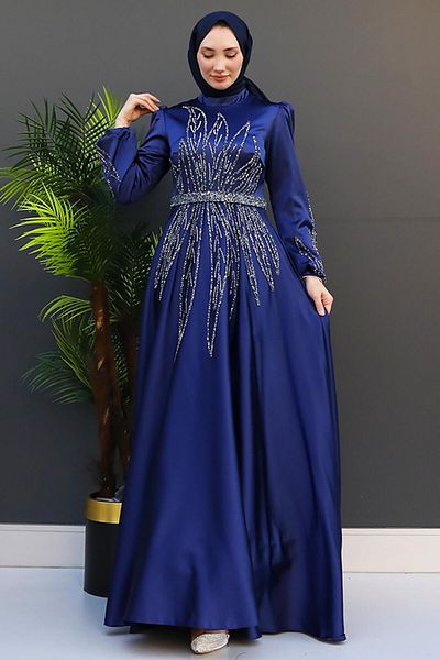 GİZ AGİYİM Navy Blue Alina Hijab Evening Dress