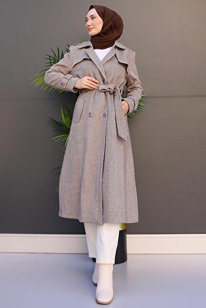 GİZ AGİYİM Mink Stamp Coat - Striped and Belted
