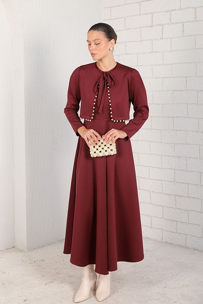Melike Tatar Claret Red Pearl Scuba Dress 6-5701