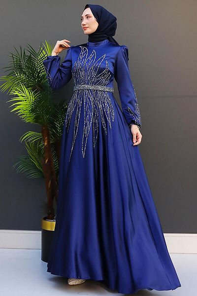 GİZ AGİYİM Navy Blue Alina Hijab Evening Dress