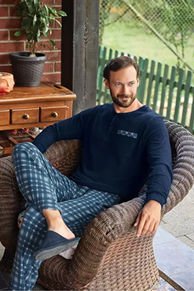 Aydoğan Lodos Store Men's Long Sleeve Placket Thermal Pajamas Set Plaid Pattern