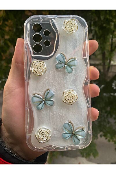 AQUA AKSESUAR Samsung Galaxy A32 Uyumlu Kılıf 5D Kabartmalı Kelebek Çiçek Des...