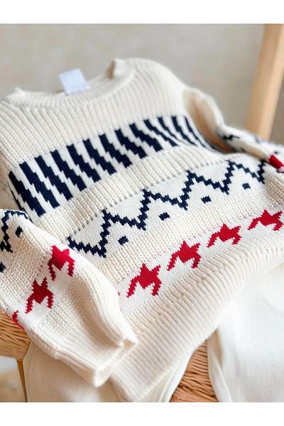 Magu Boy's Winter Knitwear Patterned Sweatshirt Trousers Top and Bottom Set