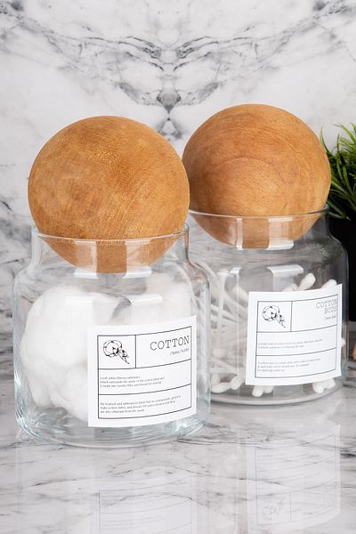MODA OZY Set de 2 borcane de 500 ml cu capac de bile din bumbac/bumbac etichetat din sticlă pentru organizare pentru baie