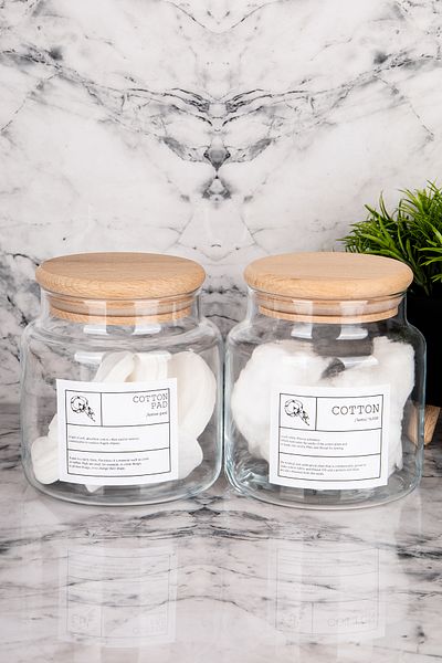 MODA OZY Pachet de 2 borcane de sticlă de 500 ml cu capac din lemn, bumbac aspirat/bumbac de machiaj, cu etichete, organizator de baie