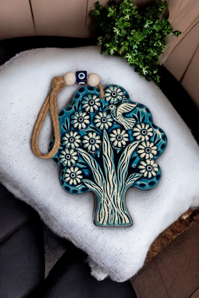 Revard Home Nazar Boncuklu Seramik Meyve Ağacı Ve Kuş Desenli Mavi Beyaz Dekoratifli Çok Amaçlı Süs Eşya 16X20CM