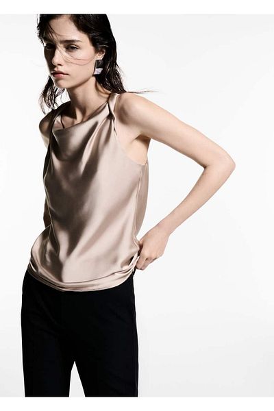 MANGO Woman Satinbluse mit drapiertem Kragen