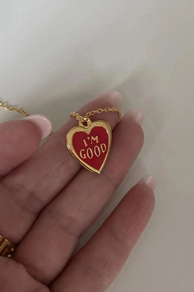 Alexis Carrel Kadın Gold Kalpli Charm Kolye, I'm Good Kırmızı Mineli Kadın Kolye