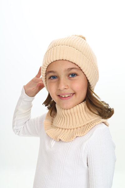Sevimli Girl's Beret Neck Collar Suit Thessaloniki Braided 4-10 Years Old Single Pompom