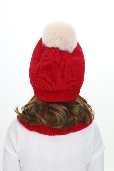 Sevimli Girl's Beret Neck Collar Suit Thessaloniki Braided 4-10 Years Old Single Pompom