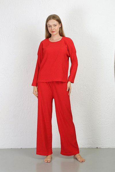Akbeniz Set de pijamale pentru femei din țesătură șifonată roșie - 4233