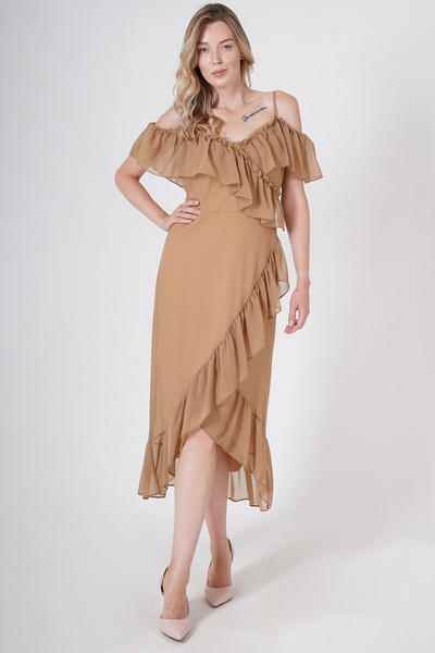YORSSTYLE ÇİÇEK DESENLİ CARMEN YAKA İNCE ASKILI ELBİSE