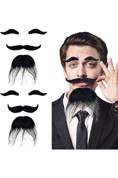 Mu Art Black Color Self Adhesive Fake Beard Mustache and Eyebrow Set (5175)