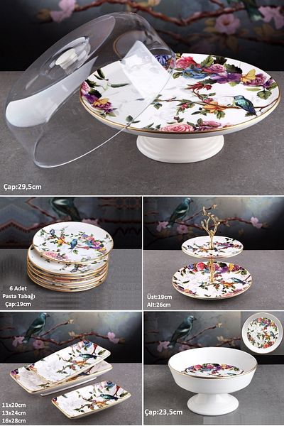 Pinkev Flora 6-Person Ceramic Cake Presentation Plate Set with Fruit Pot - Kup110F