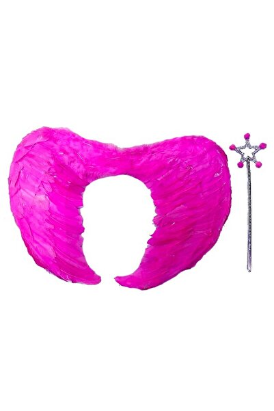 Go İthalat Gerçek Tüylü Katlanabilir Çocuk Pembe Melek Kanadı ve Asa Seti 40x...