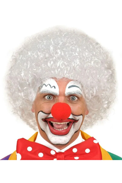 Marsilyan White Color Curly Afro Bonus Wig Hair and Red Sponge Nose Set (4940)