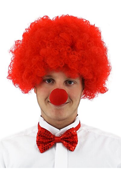 Marsilyan Red Color Curly Afro Bonus Wig False Hair and Red Nose Set (4940)