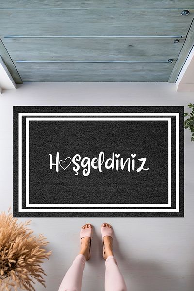Dormot Home Modern Digital Printing - Welcome Door Mat with Black Background Frame and Heart - Door Mat