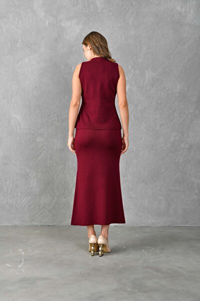 bayansepeti Claret Red Knitwear Fabric Buttoned Vest and Midi Skirt Claret Red Double Knitwear Set 5155