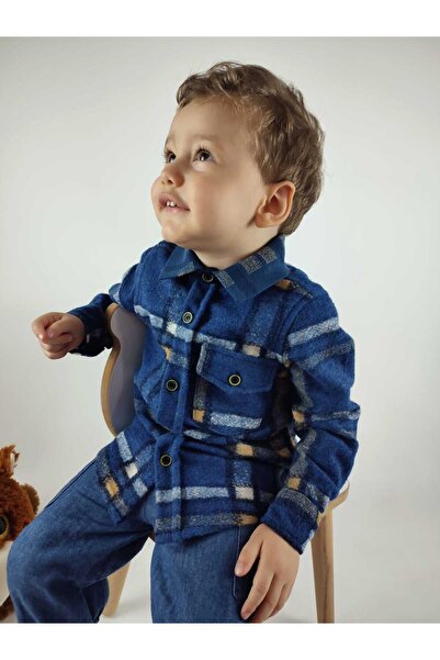 GAMZEAKKUŞ Klasik Uzun Kollu Rahat Kesim Tek Cepli Çizgili Kışlık Erkek Çocuk Oduncu Gömlek