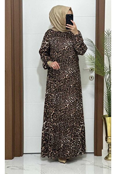 MODA ALMİRA 7777 K60  LEOPAR DESEN KOYU KAHVE VİSKON ELBİSE