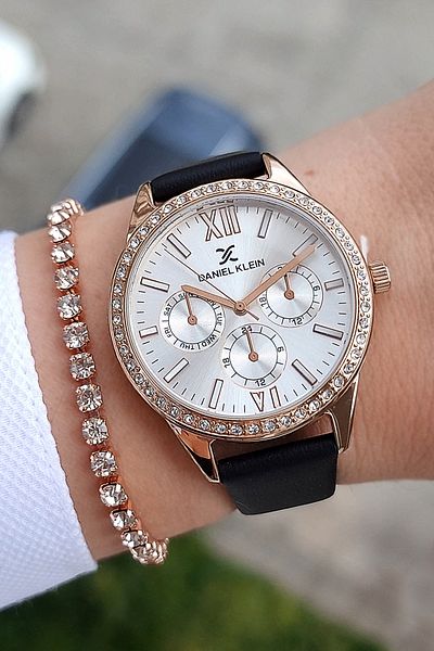 Daniel Klein New Model Black Leather Strap Women's Wristwatch + Zircon Stone Bracelet