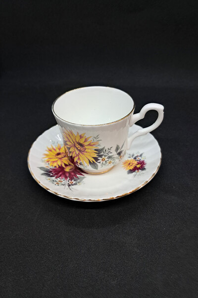 ABBETC Royal Stafford Bone China Chrysanthemum Floral Vintage Double Coffee Cup 2 Pieces