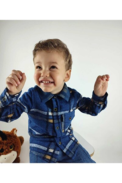 GAMZEAKKUŞ Klasik Uzun Kollu Rahat Kesim Tek Cepli Çizgili Kışlık Erkek Çocuk Oduncu Gömlek