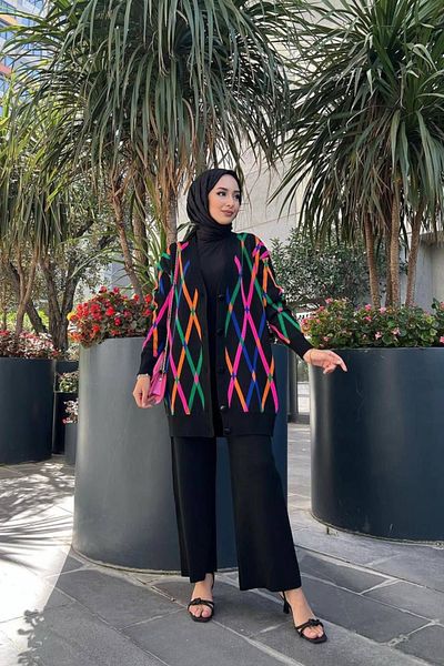 Bold Grup Women's Standard Size Black Diamond Patterned Buttoned Cardigan Trousers Bottom-Top Double Set