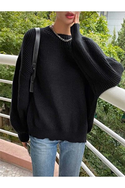 MODASPARK Siyah Bisiklet Yaka Oversize Kadın Triko Kazak