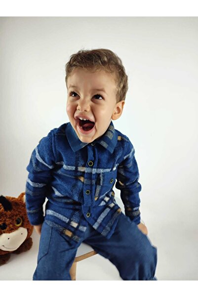 GAMZEAKKUŞ Klasik Uzun Kollu Rahat Kesim Tek Cepli Çizgili Kışlık Erkek Çocuk Oduncu Gömlek