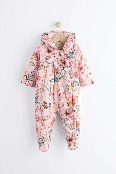 Next Baby Pink Floral Patterned Full Fleece Lined Quilted Astronaut Jumpsuit
