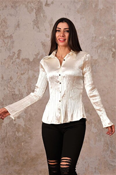 Markano Ecru Satin Pleated Long Sleeve Shirt