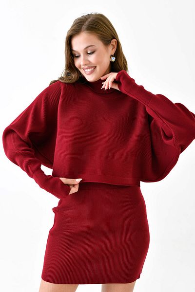 vuvutasarım Rollkragenpullover in Burgunderrot und weinroter Rock mit hoher Taille, zweiteiliges Set – handverpackt 075